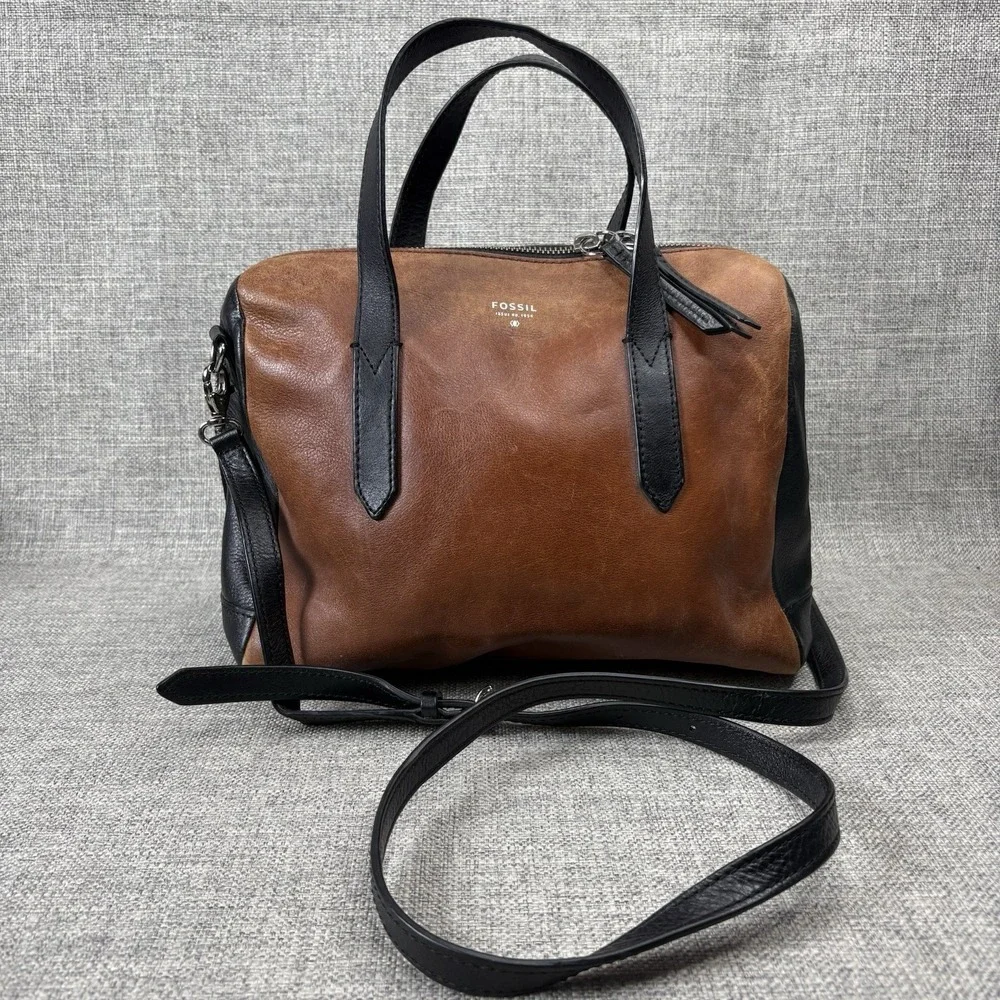 Fossil Sydney Satchel Brown Black Leather Crossbody Bag Two Tone Boho Purse
